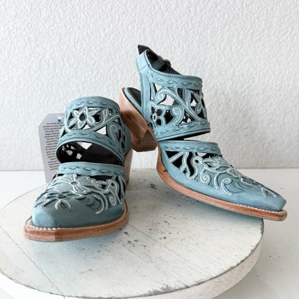 Blue and Brown Ankle Boots with Western Design